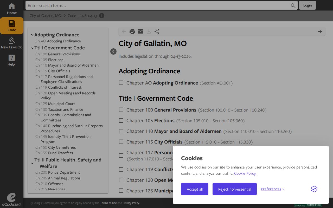 Gallatin criminal records source showing the official city code and Police Department chapter