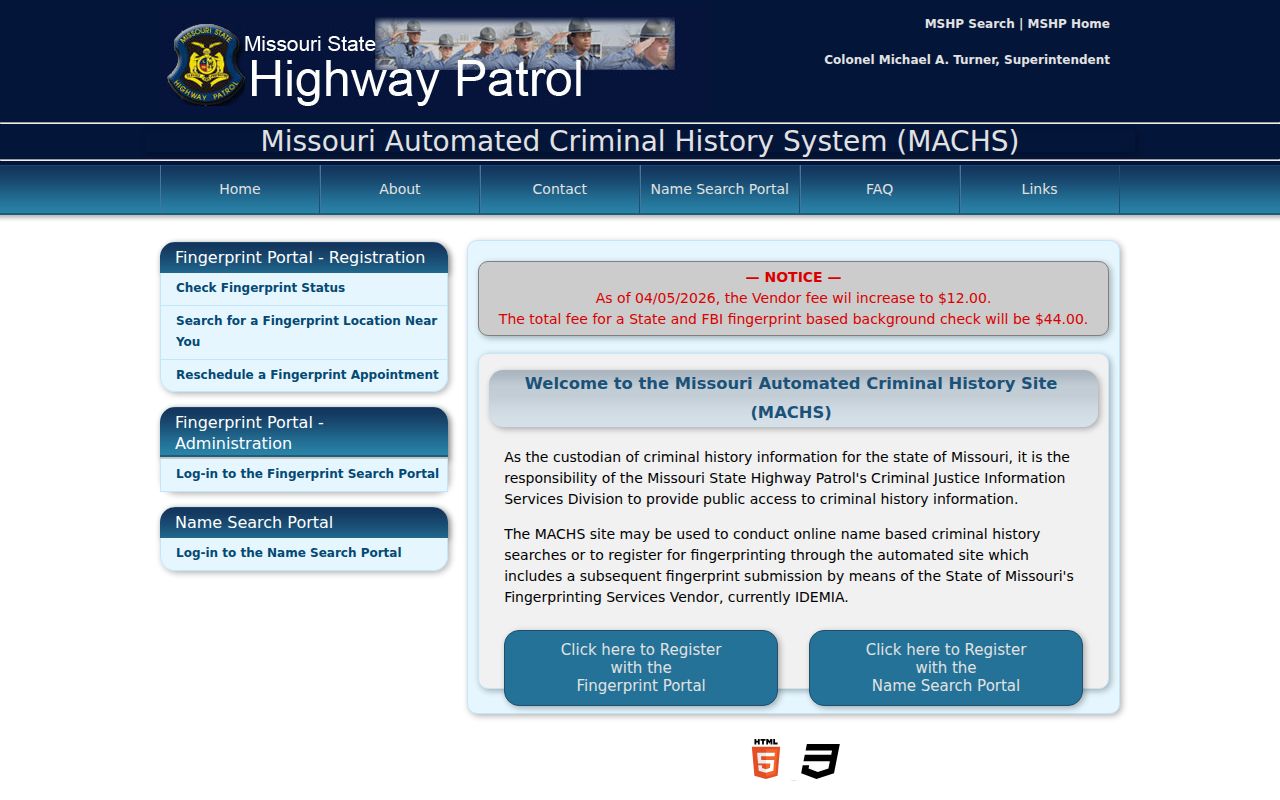 Daviess County criminal history MACHS name and fingerprint search page