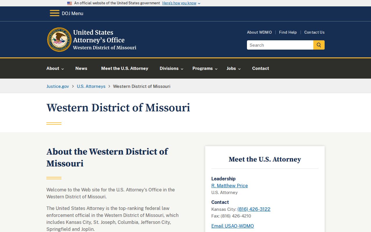 Jamesport criminal records source showing the official Western District of Missouri prosecutor page