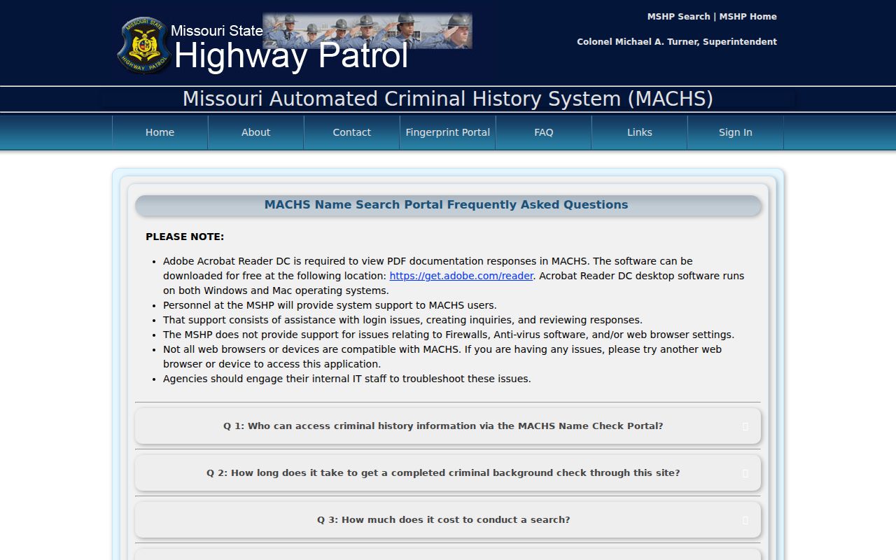 Jamesport criminal records source showing official MACHS fees and response content