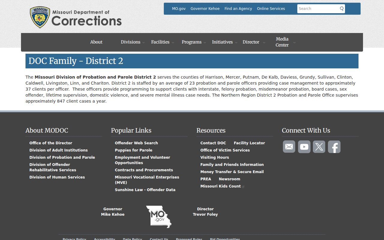 Pattonsburg criminal records source showing Missouri District 2 probation and parole services
